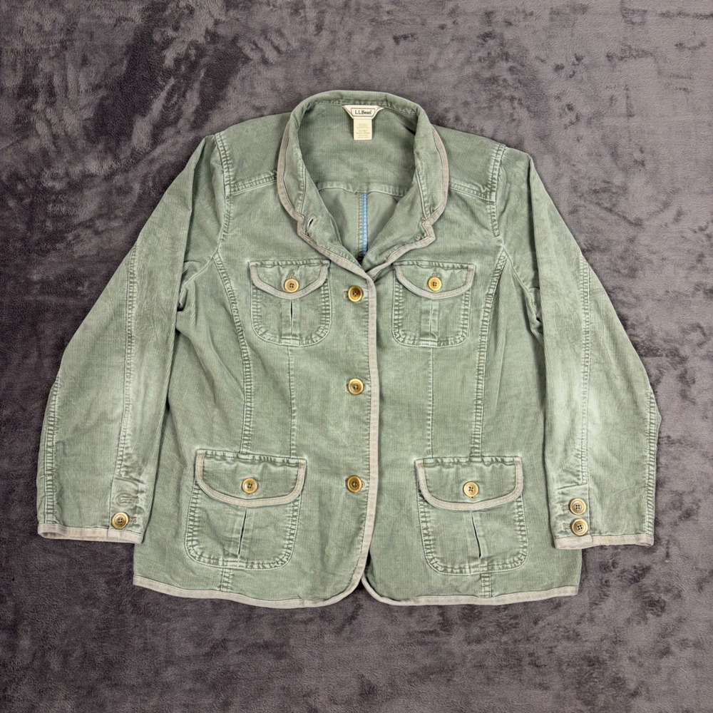 LL Bean Womens 2X Green Corduroy Chore Jacket Button Up Military Field Coat